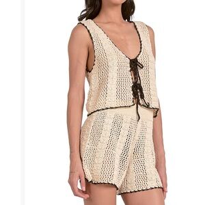 Brand New Women's Crochet Tipped Tie-Front Vest and Shorts